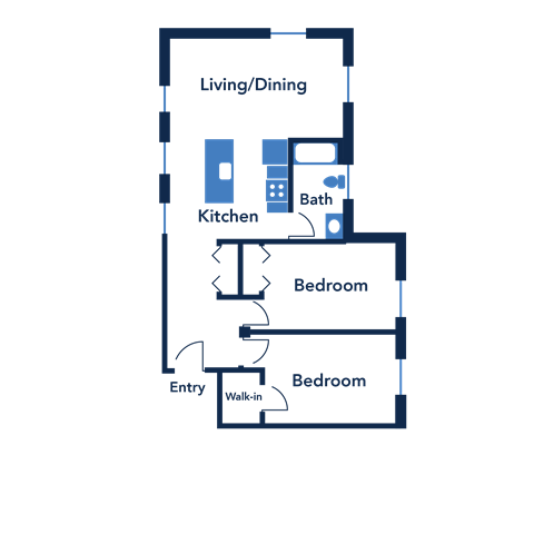 Floor plan for 2 beds, 1 bath, 944 sqft